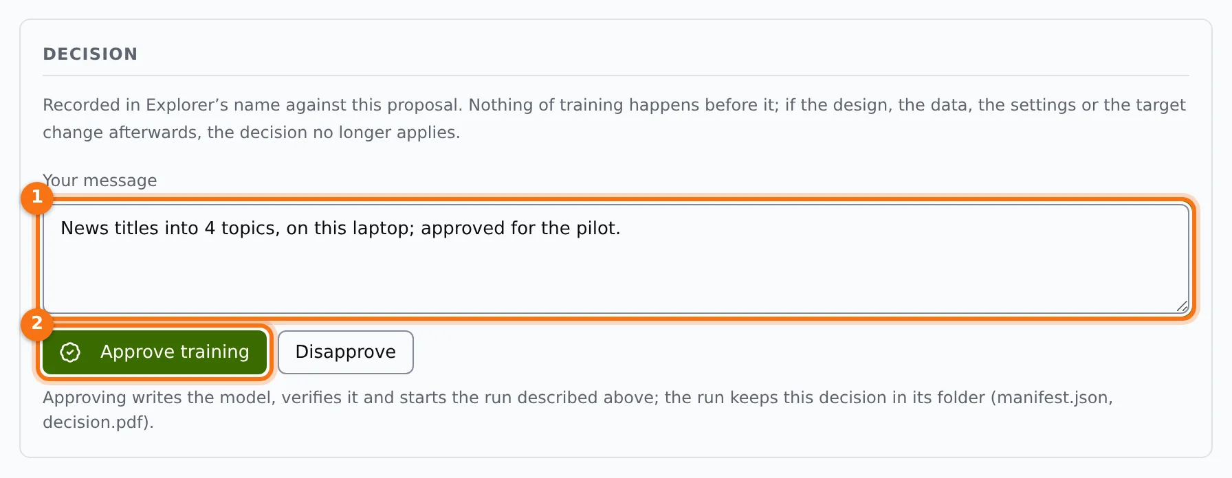 The approval: the message and the Approve training button marked