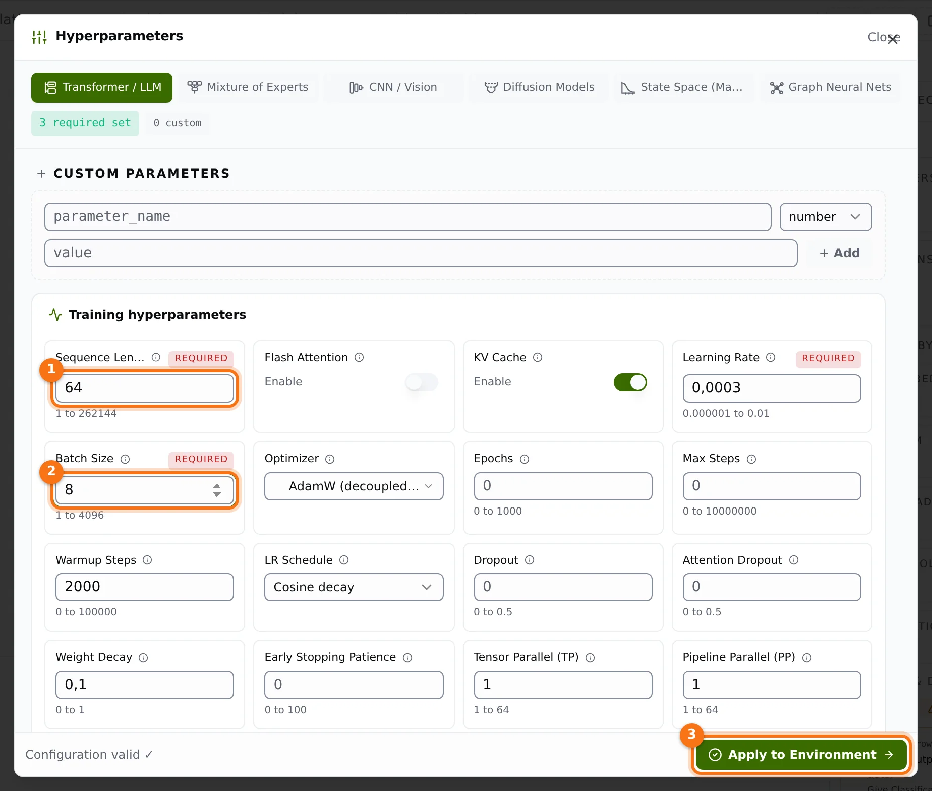 The Hyperparameters panel with sequence length, batch size and Apply marked