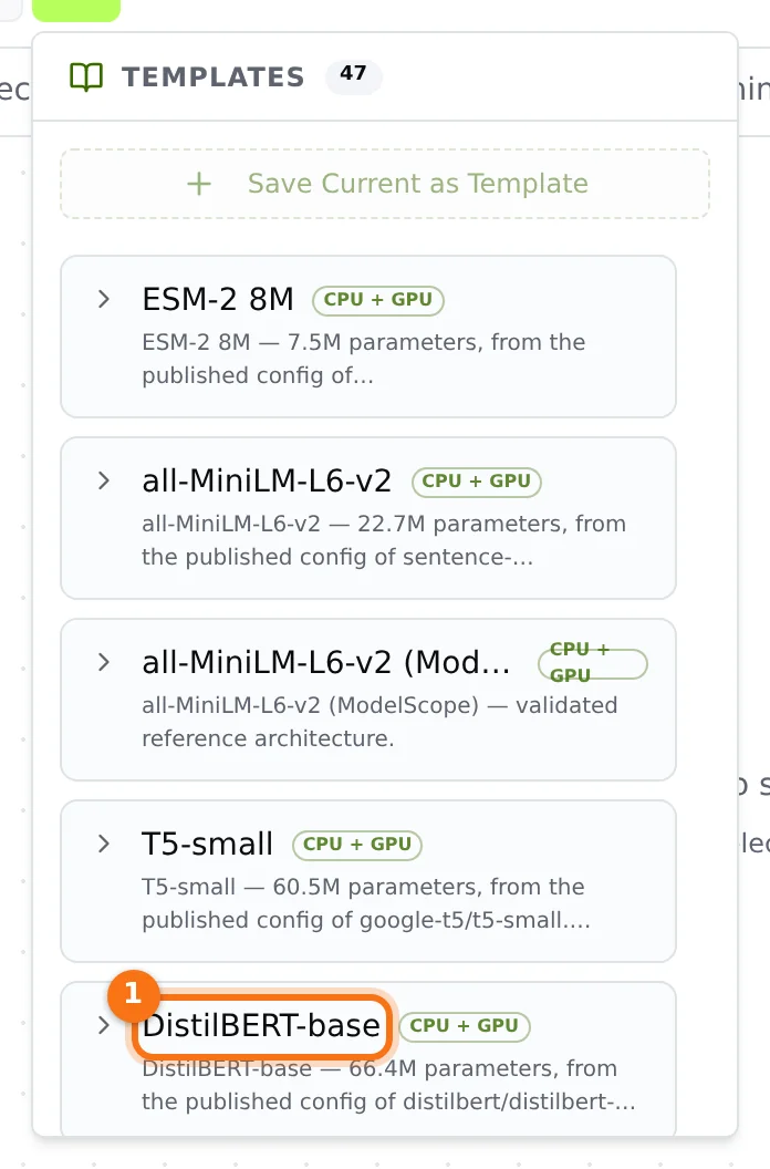 The Templates menu with DistilBERT-base marked