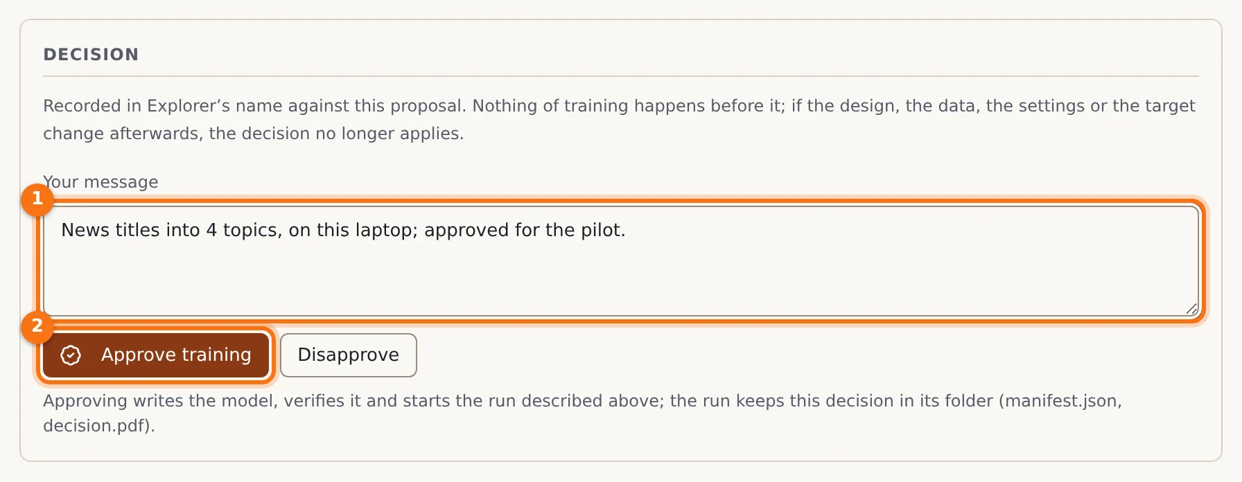 The approval: the message and the Approve training button marked