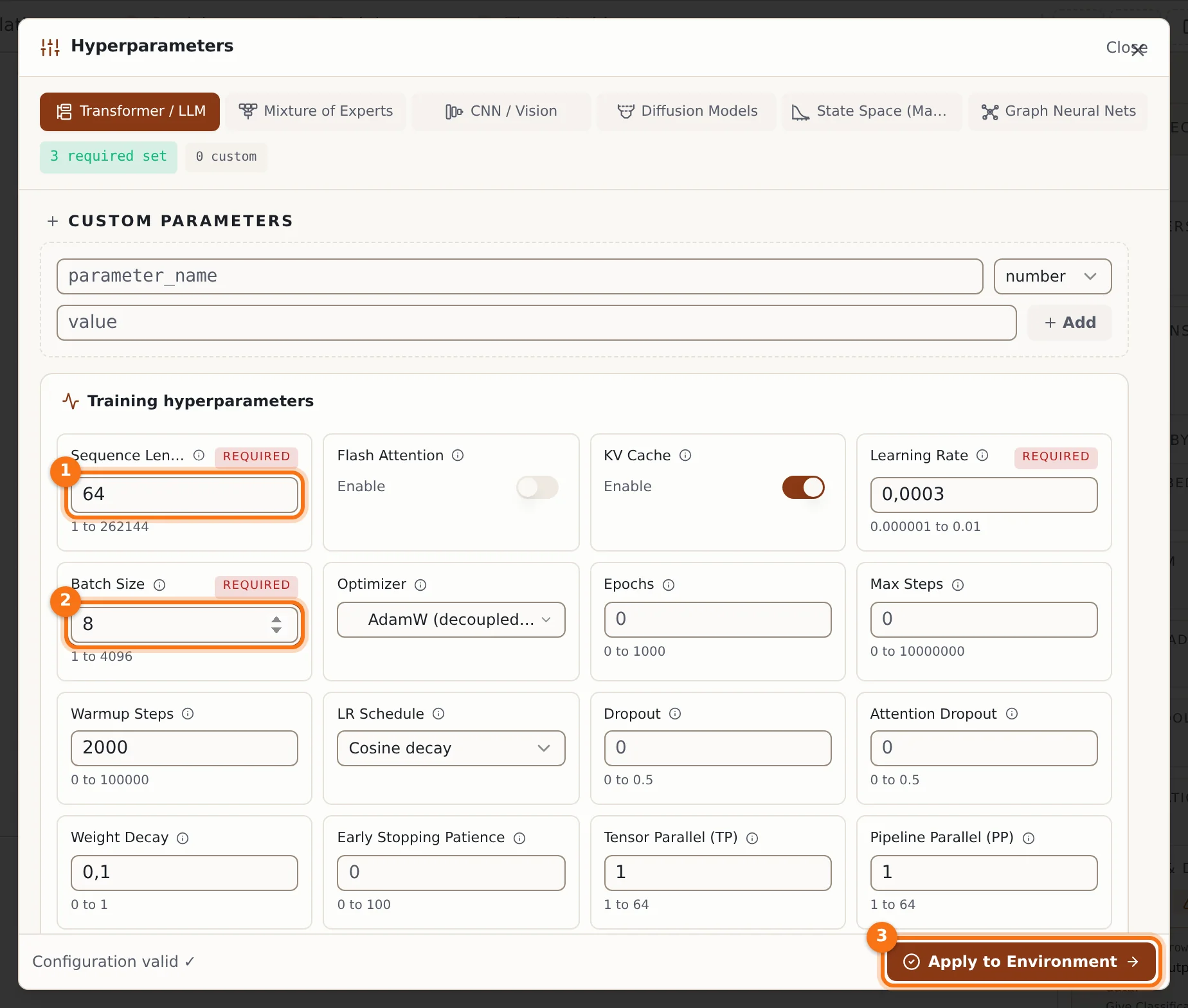 The Hyperparameters panel with sequence length, batch size and Apply marked