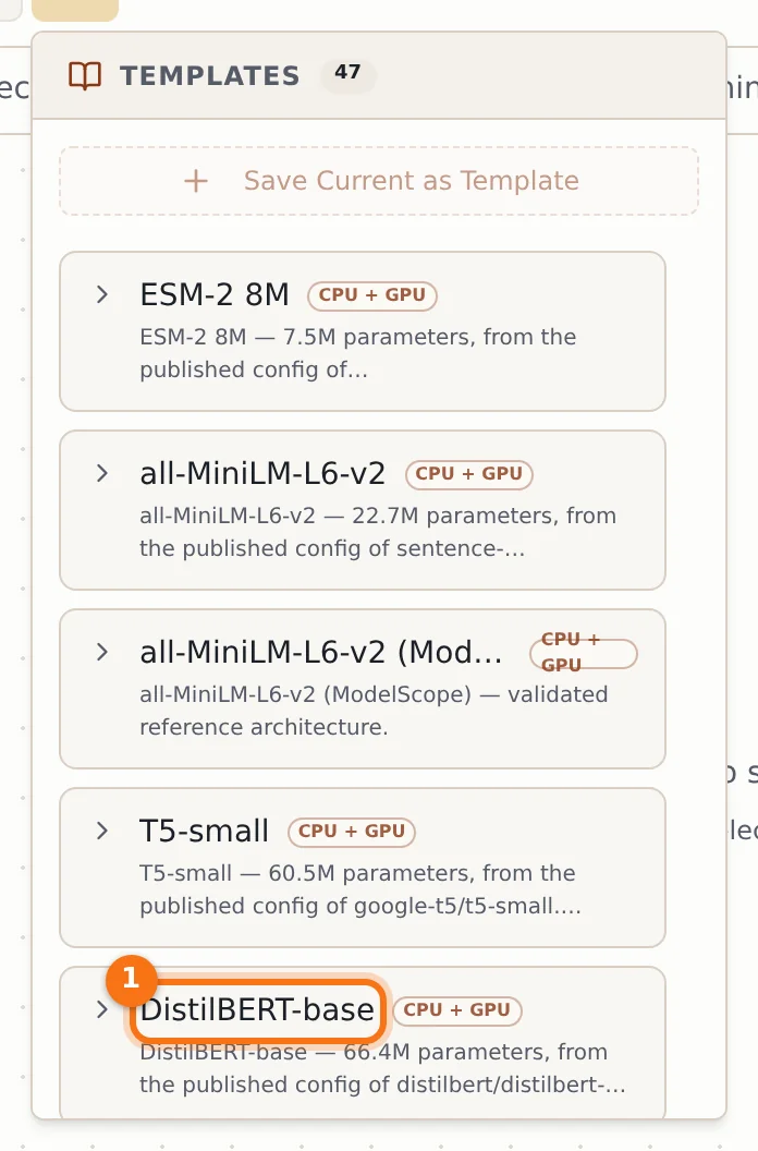 The Templates menu with DistilBERT-base marked