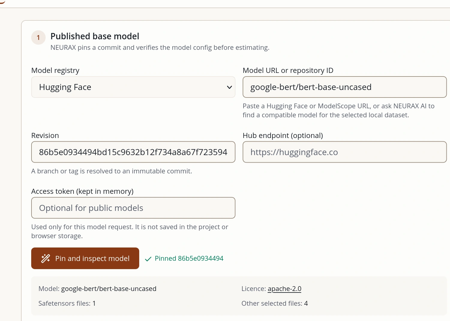 The pinned google-bert/bert-base-uncased model source in NEURAX, with its revision, Apache-2.0 licence and Safetensors inventory