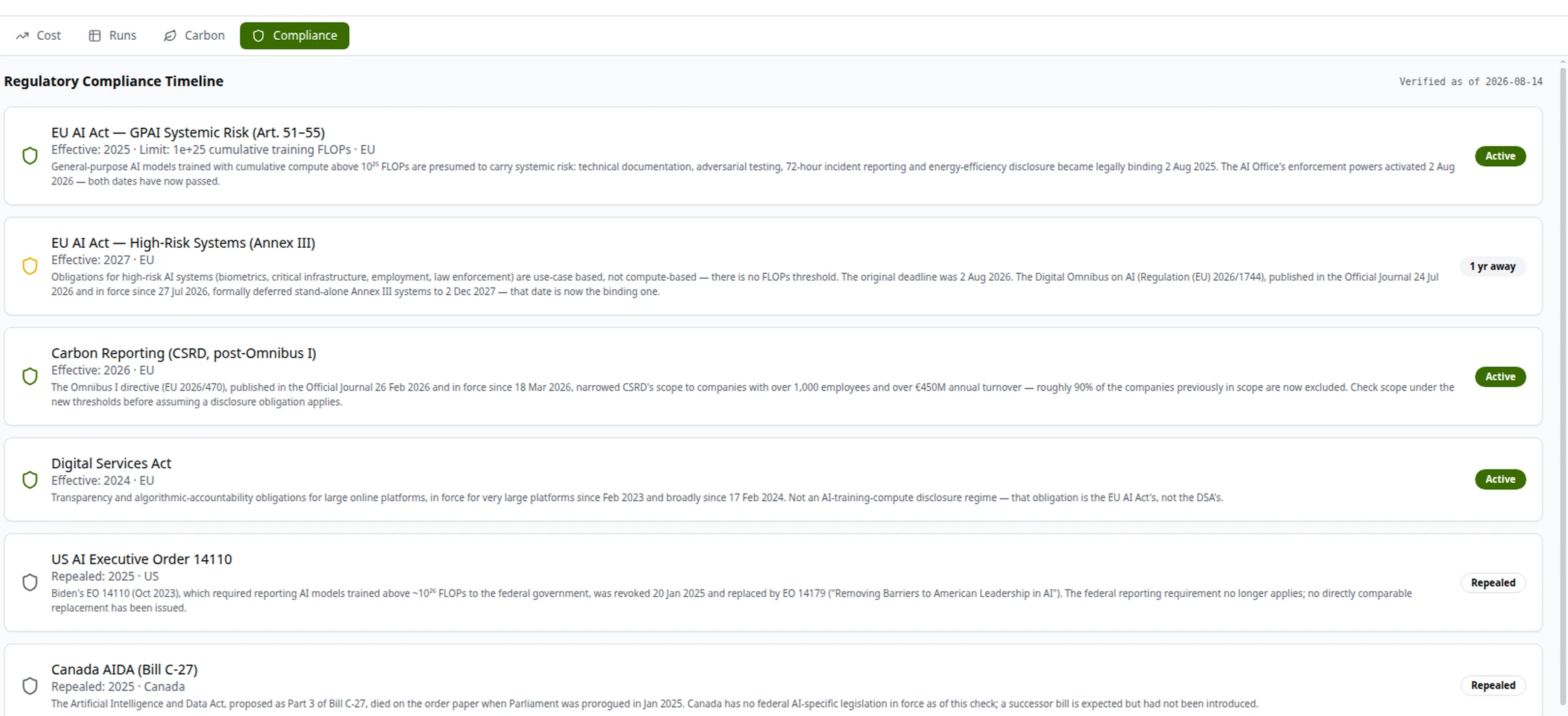 Time Machine's regulatory compliance timeline: EU AI Act obligations for general-purpose and high-risk systems, CSRD carbon reporting and other dated regulation, each marked active or upcoming