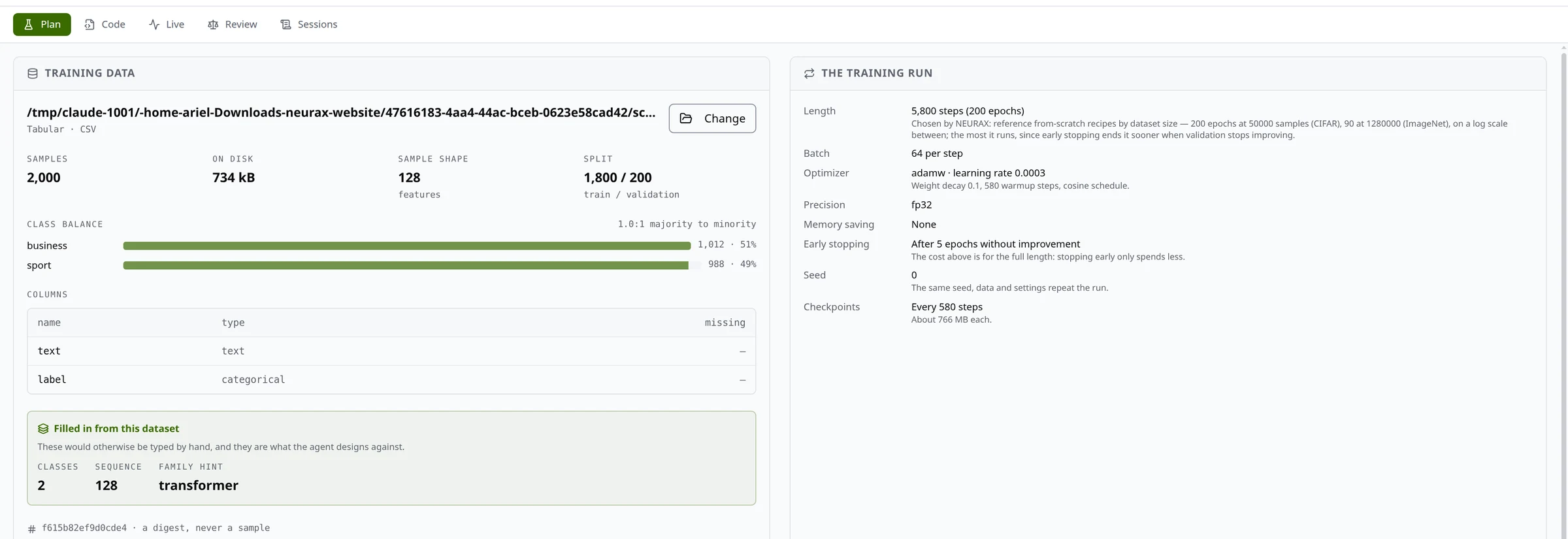 The Training plan for DistilBERT-base: the dataset profile (2,000 samples, two balanced classes, 1,800 for training and 200 for validation) beside the training run, and what it will cost: $3, 25.8 days, 9.3 kWh and 2.3 kg of CO₂